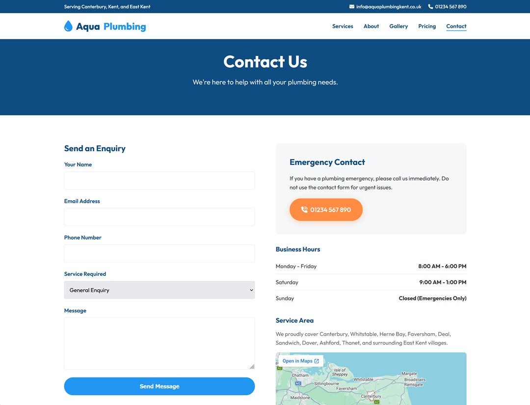 Aqua Plumbing Kent contact page with enquiry form, emergency contact call-out, business hours and service area map