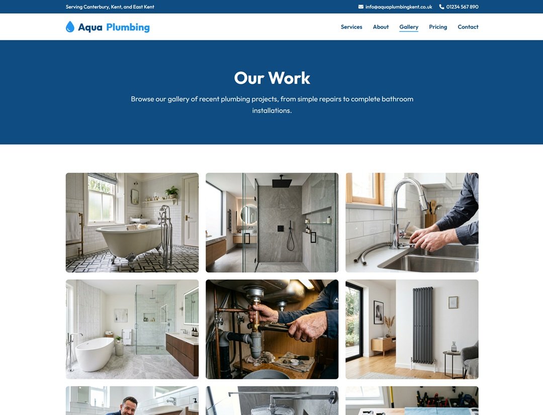 Aqua Plumbing Kent Our Work gallery grid with labelled photos of bathrooms, showers, kitchen plumbing, pipework and radiators