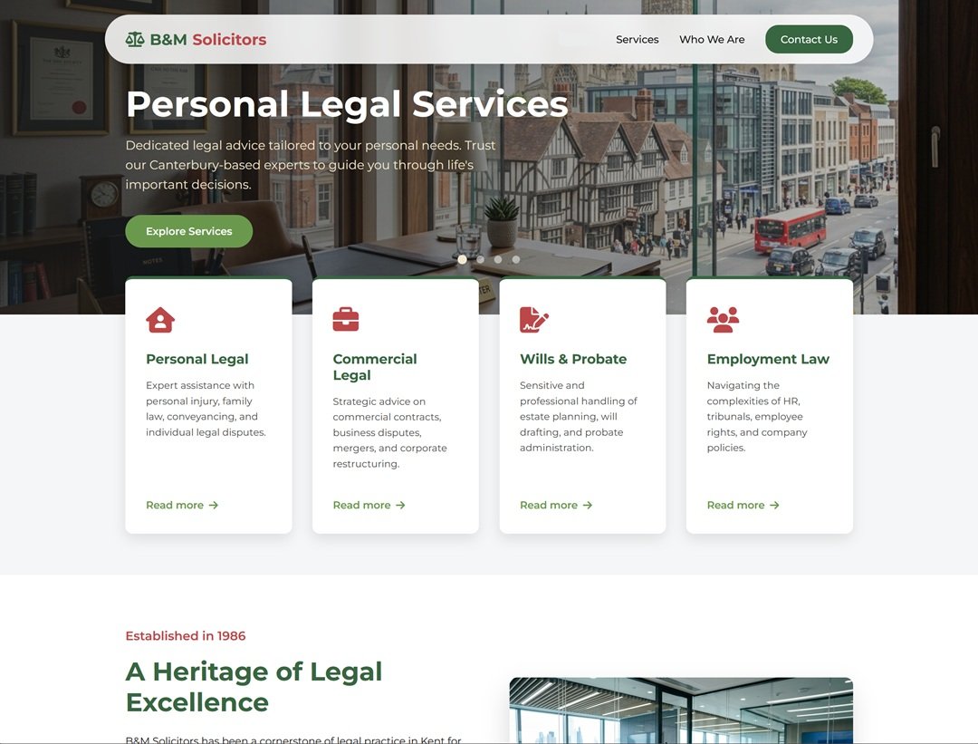 B&M Solicitors — full-service Kent law firm website with client intake and staff intranet by Kentmedia