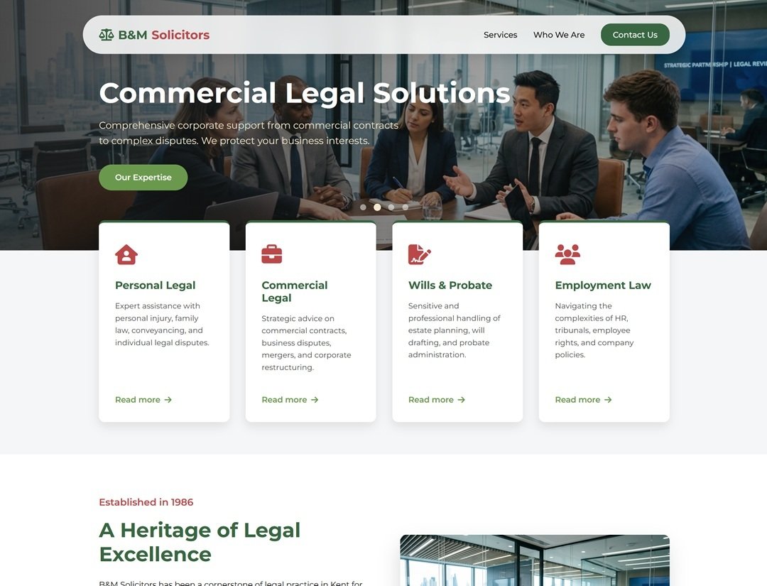 B&M Solicitors overlaid services grid and Who We Are heritage section