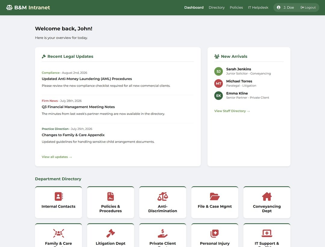 B&M Solicitors staff intranet dashboard with recent legal updates, new arrivals and department directory