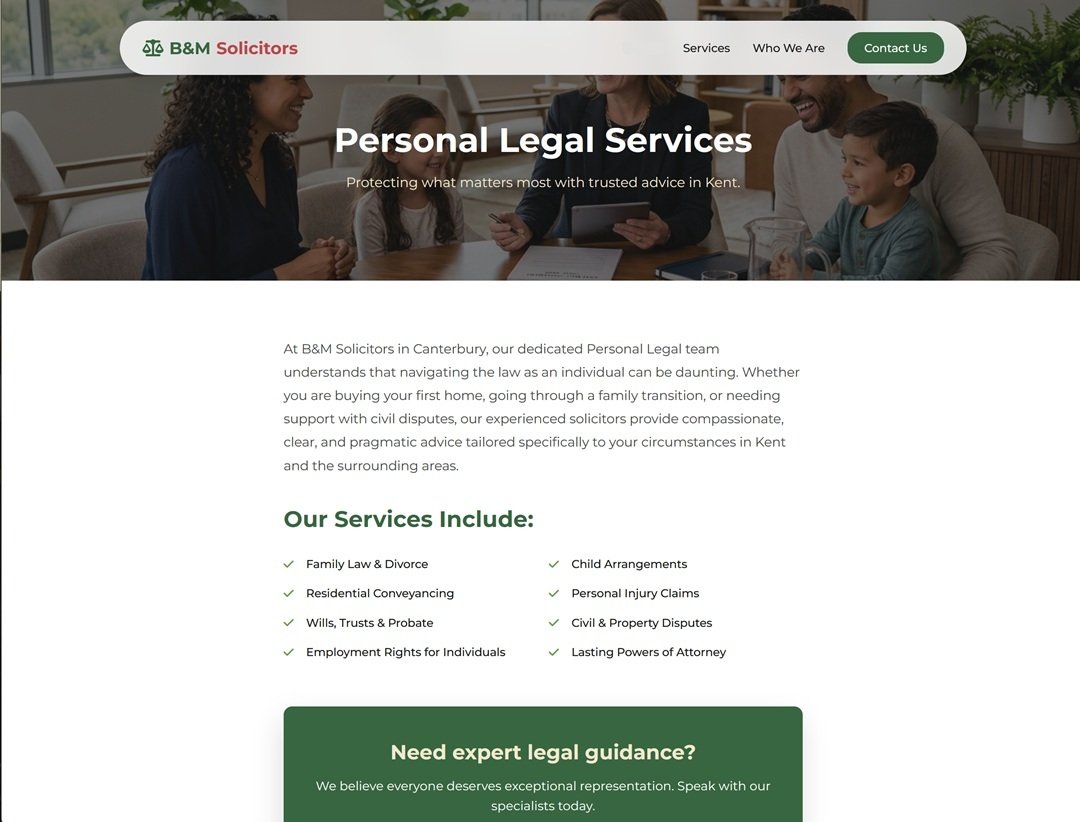 B&M Solicitors Personal Legal Services page with service list, consultation CTA and team profiles