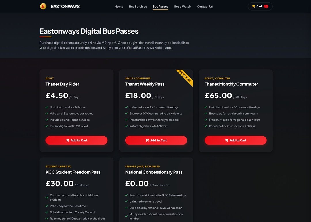 Eastonways digital bus pass shop — Day Rider, Weekly and Monthly Commuter passes