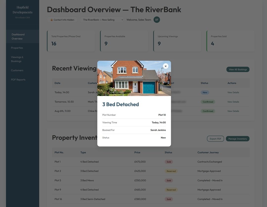 Hopfield CRM viewing details modal with property photo, plot number, viewing time and blurred customer contact details