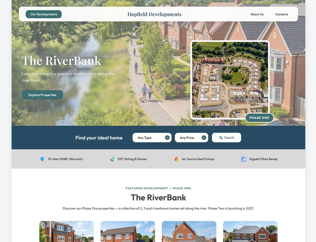 Hopfield Developments homepage — 140-home riverside community website by Kentmedia