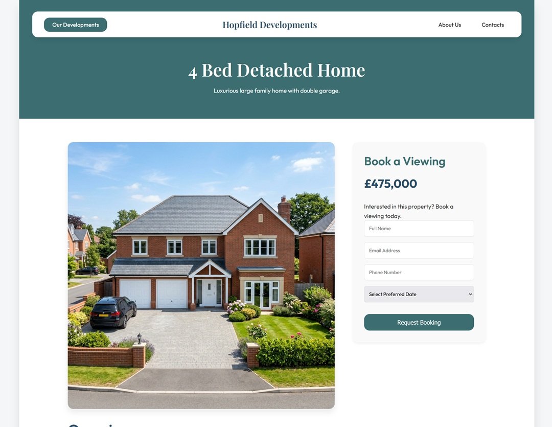 Hopfield property detail page with 3D isometric room layout, kitchen and door style customisation, and booking sidebar