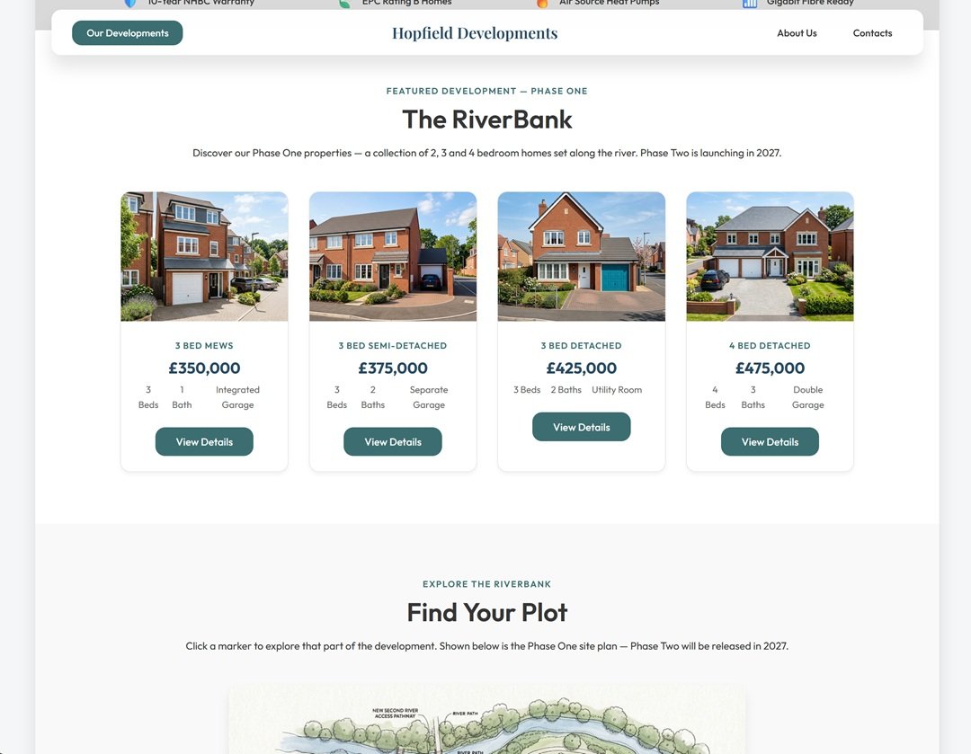 Hopfield Developments portfolio section showing The RiverBank as the featured live development alongside upcoming sites