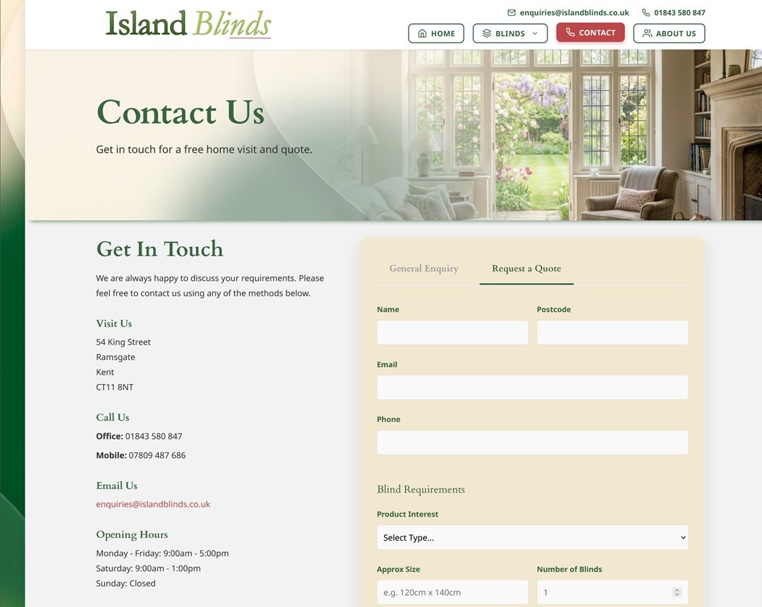 Island Blinds Get In Touch page with contact details, opening hours and a detailed Request a Quote form