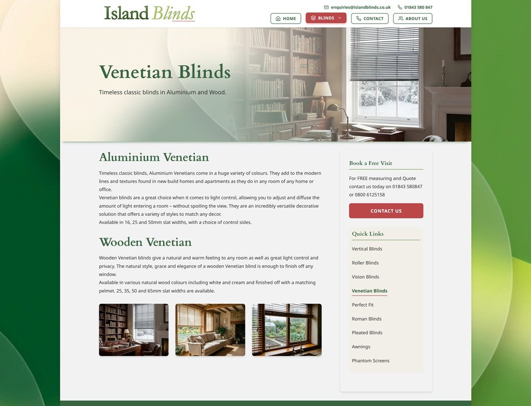 Island Blinds Roller Blinds product detail page with key features, photo gallery and Book a Free Visit sidebar
