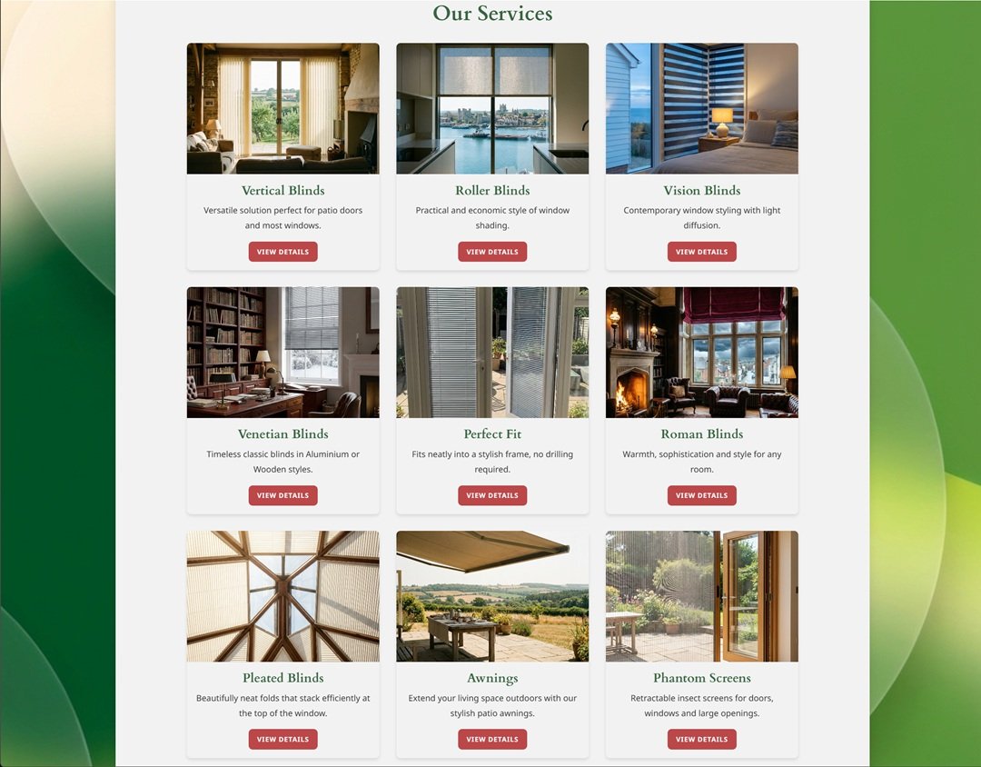 Island Blinds Our Services grid showing nine product tiles — Vertical, Roller, Vision, Venetian, Perfect Fit, Roman, Pleated Blinds, Awnings and Phantom Screens
