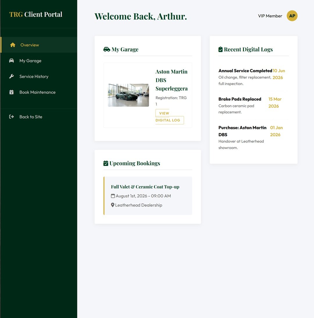 TRG Prestige Cars Client Portal — My Garage, recent digital logs and upcoming bookings for a logged-in customer