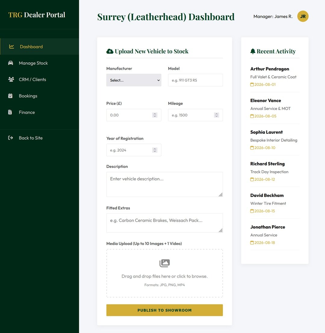 TRG Prestige Cars Dealer Portal — upload new vehicle to stock form with manufacturer, price, mileage and media upload