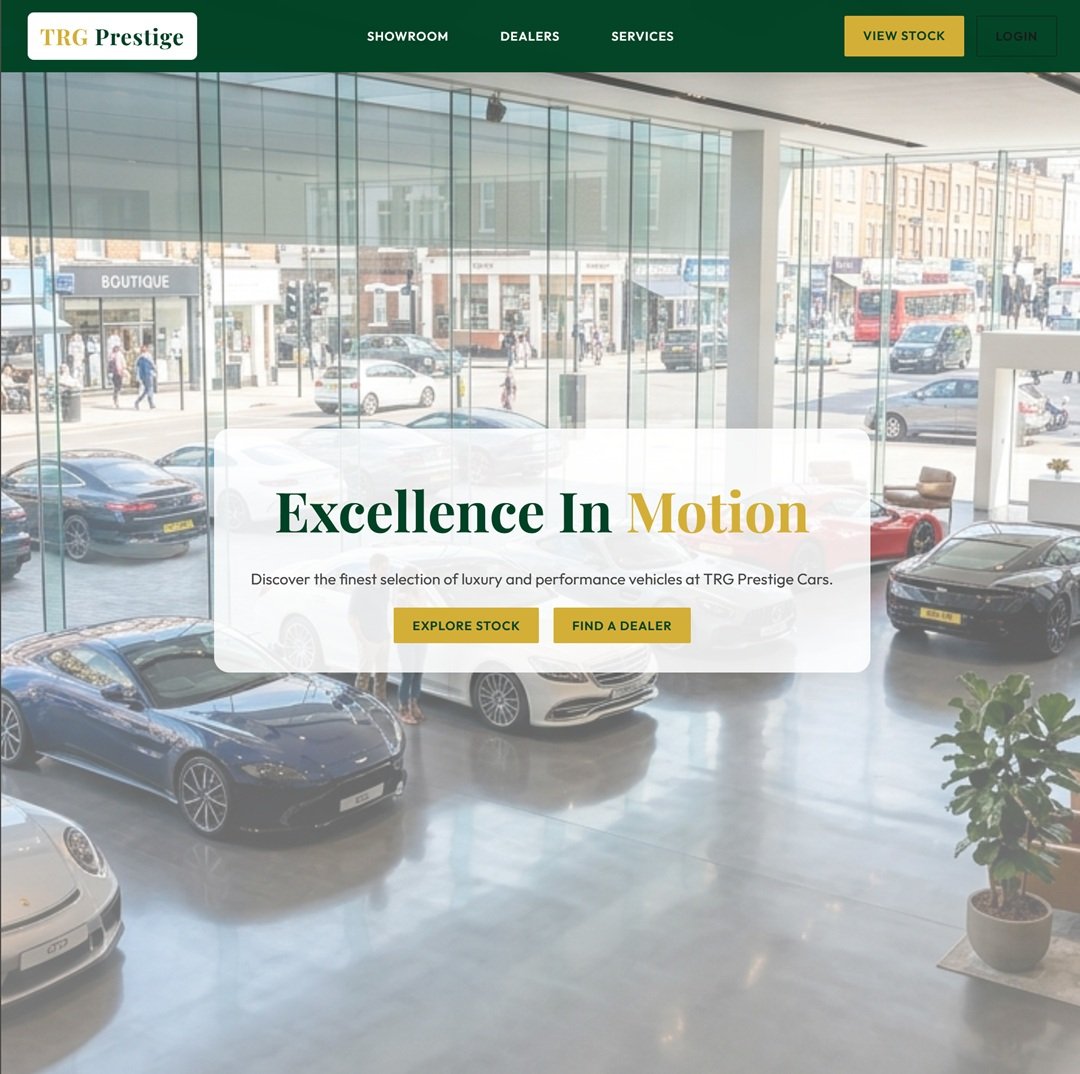 TRG Prestige Cars homepage — luxury multi-dealer car showroom by Kentmedia