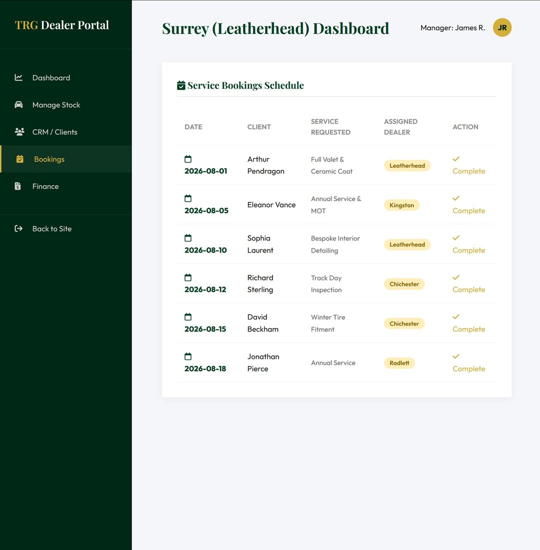 TRG Prestige Cars Dealer Portal — service bookings schedule with client, requested service and assigned dealer