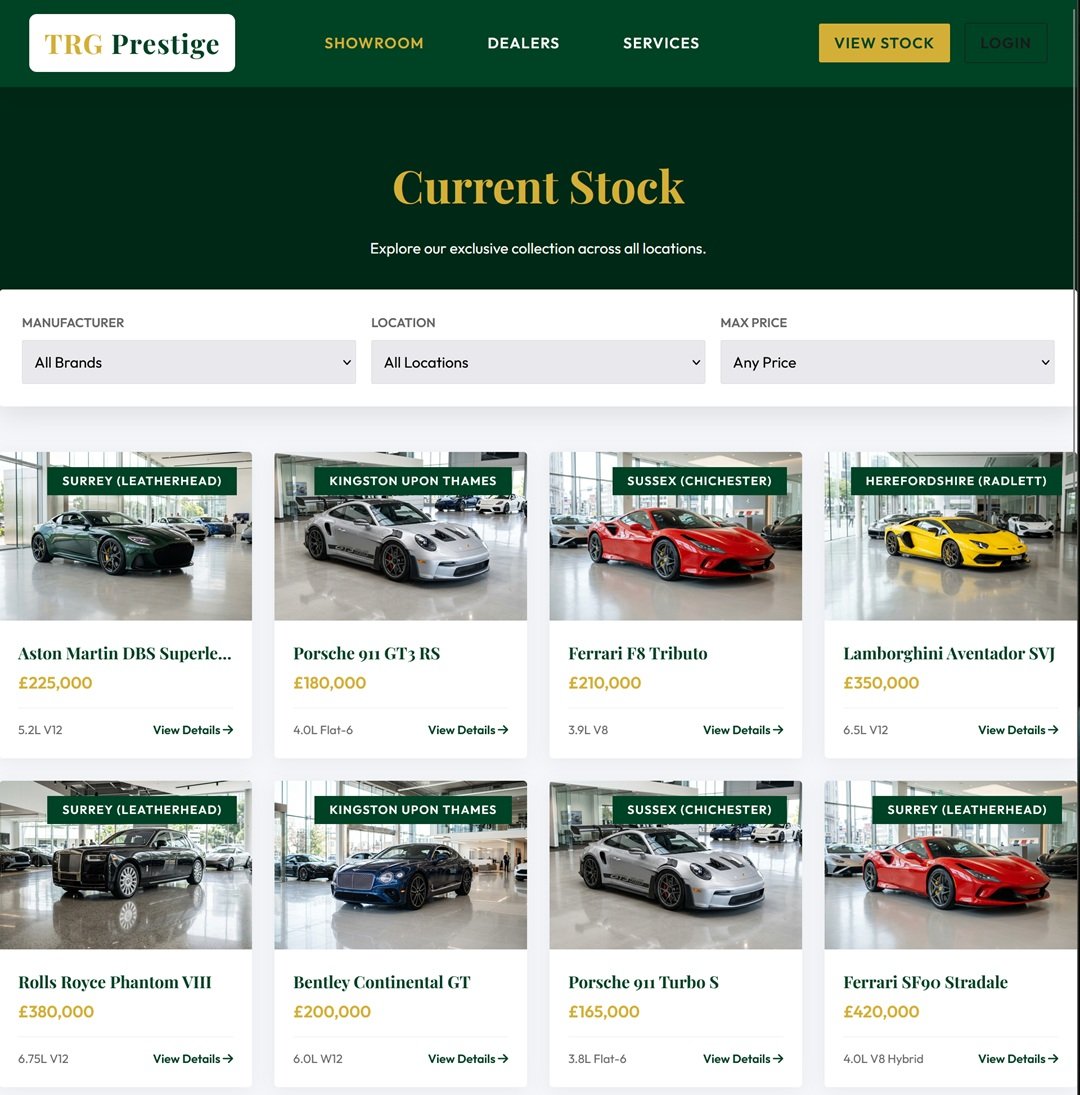 TRG Prestige Cars Current Stock page with manufacturer, location and price filters across all four dealerships