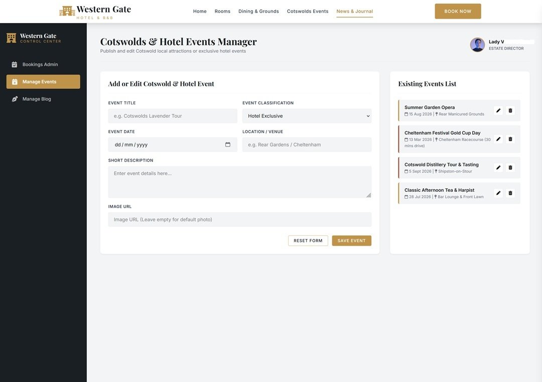 Western Gate Hotel dashboard — Manage Events tab with event form and live events list