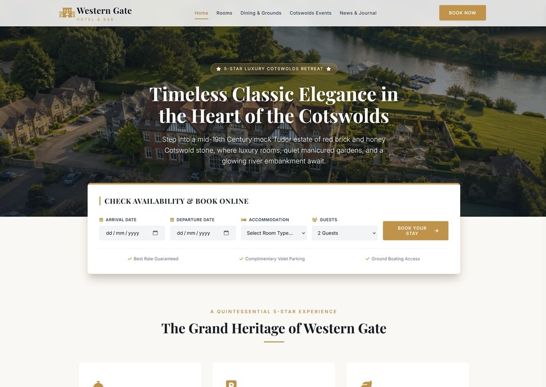 Western Gate Hotel homepage — 5-star Cotswolds hotel website with parallax hero and booking engine by Kentmedia