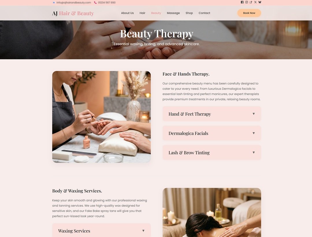 AJ Hair & Beauty Salon Beauty Services page with waxing, nails, lashes and brows