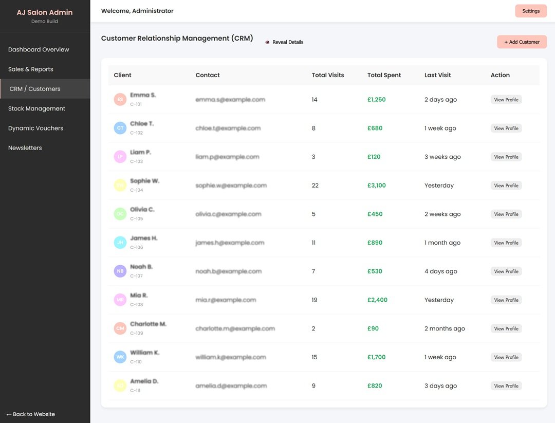AJ Hair & Beauty Salon customer CRM dashboard with treatment history