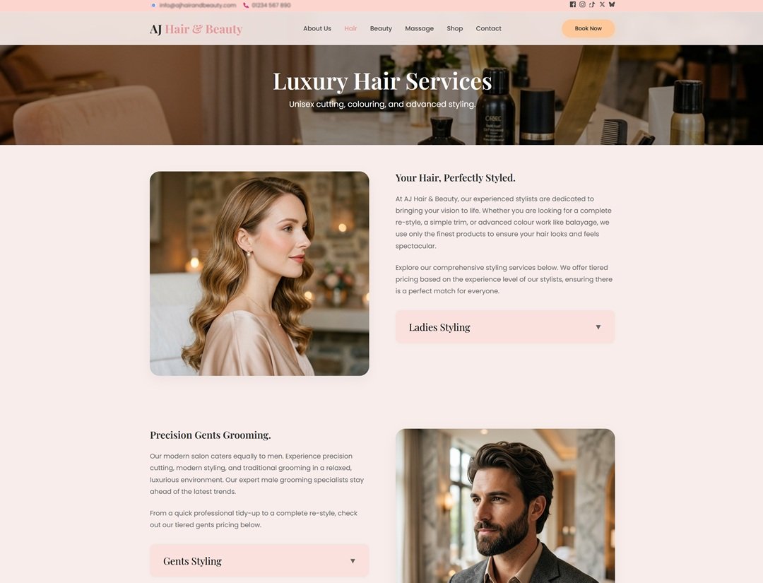 AJ Hair & Beauty Salon Hair Services page with treatment gallery and pricing