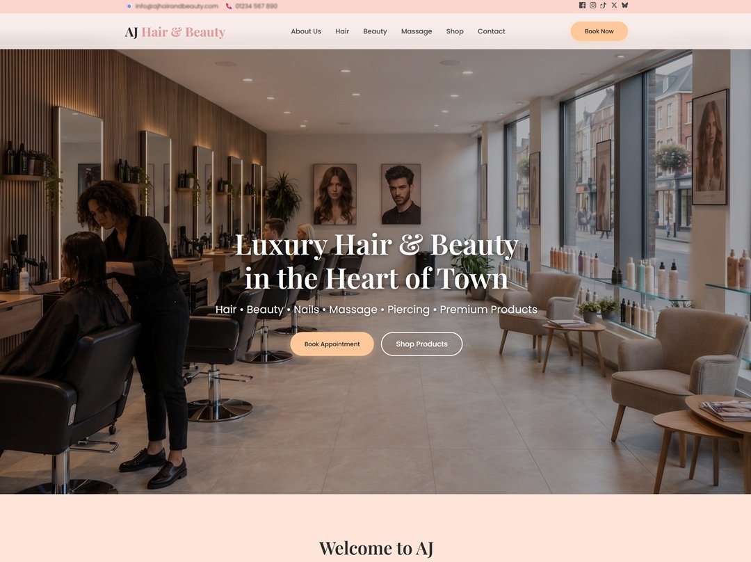 AJ Hair & Beauty Salon homepage — Salon & Beauty Turnkey Site by Kentmedia