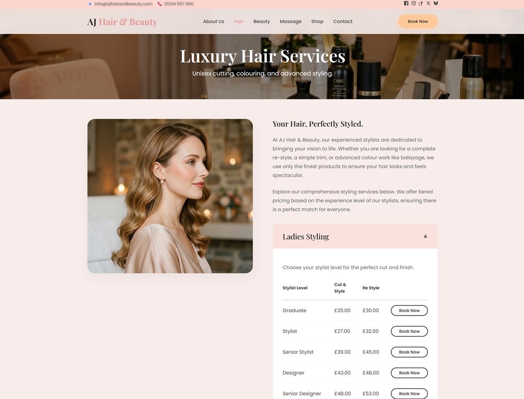 AJ Hair & Beauty Salon Ladies Hair page with styling gallery