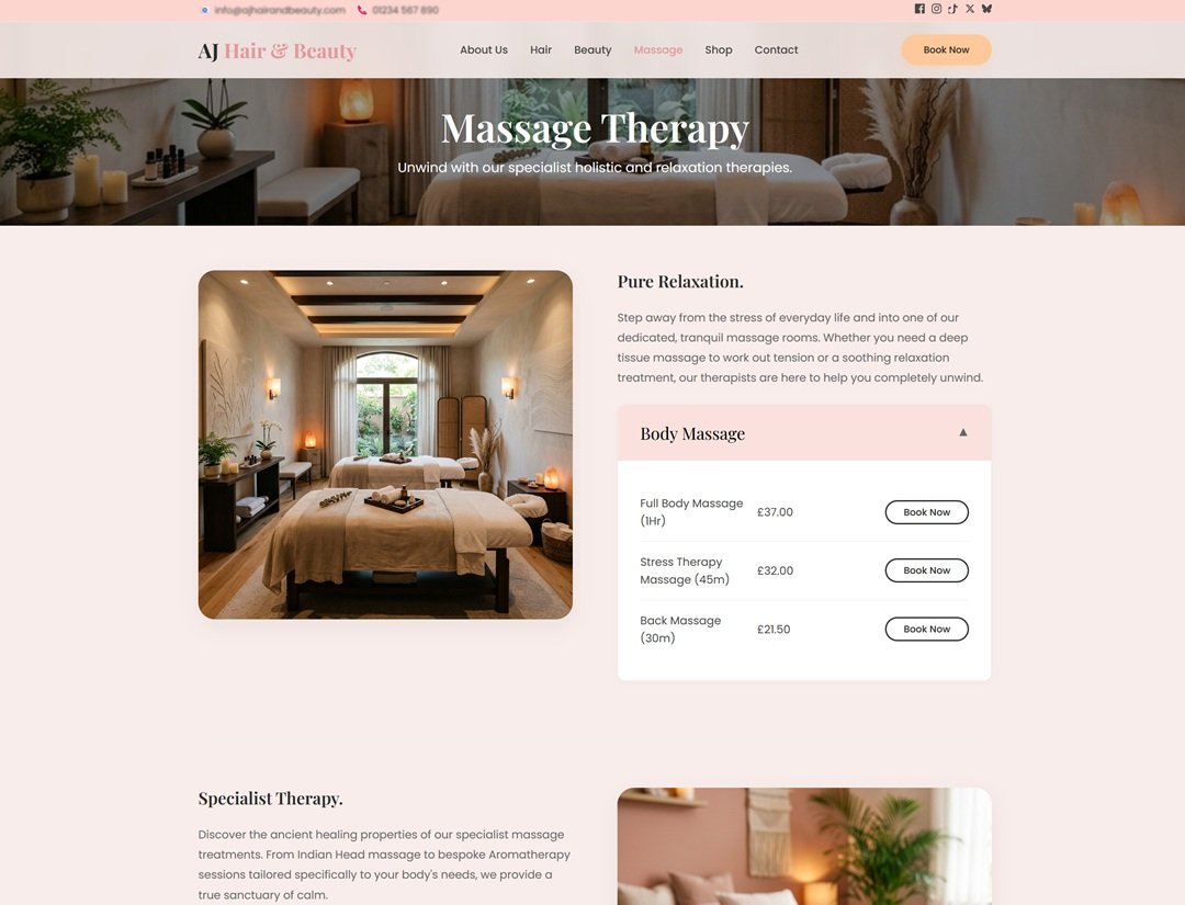AJ Hair & Beauty Salon Massage page showing the treatment rooms