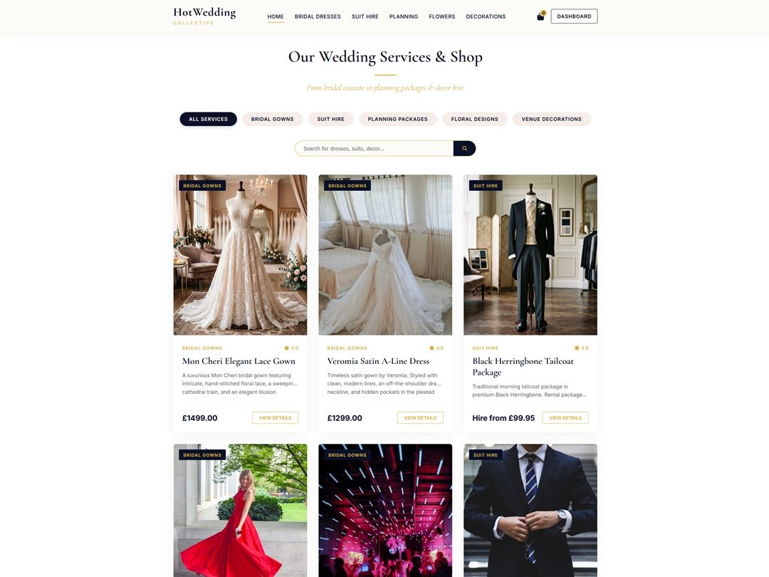 HotWedding Collective shop page with category filters and search
