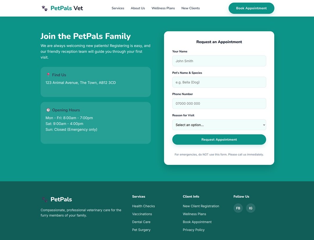 PetPals Veterinary appointment request form and opening hours