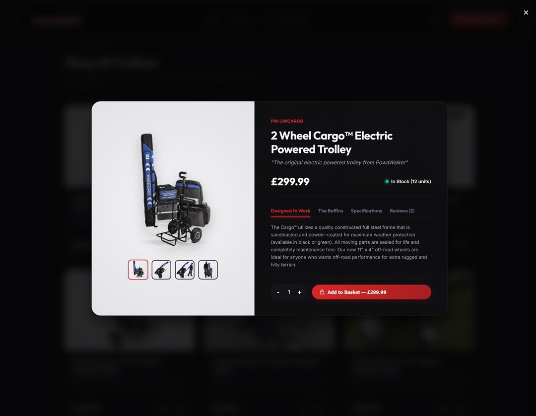 PowaWalker product quick-view modal with SKU, stock level, tabbed specifications and add to basket