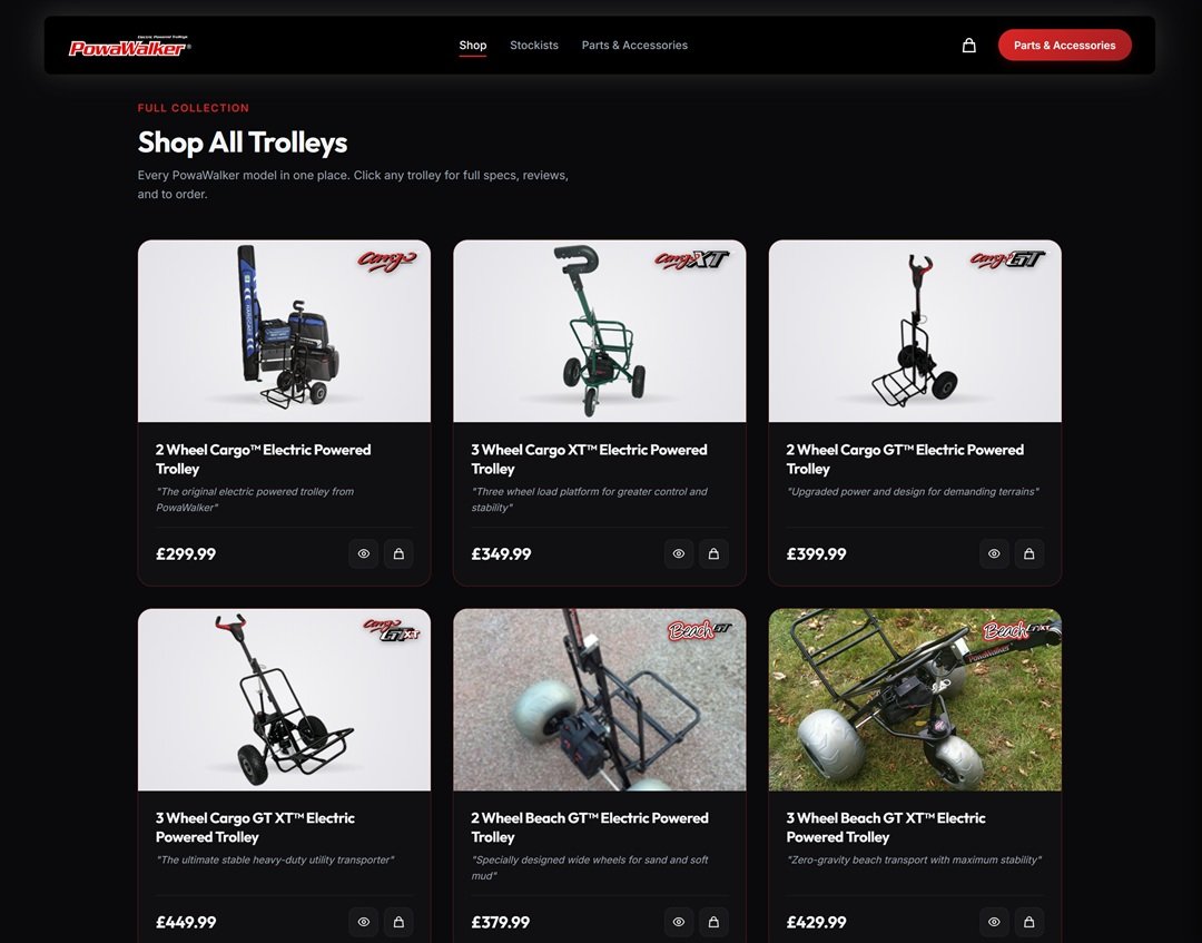 PowaWalker Shop All Trolleys catalogue grid with pricing and quick-view icons