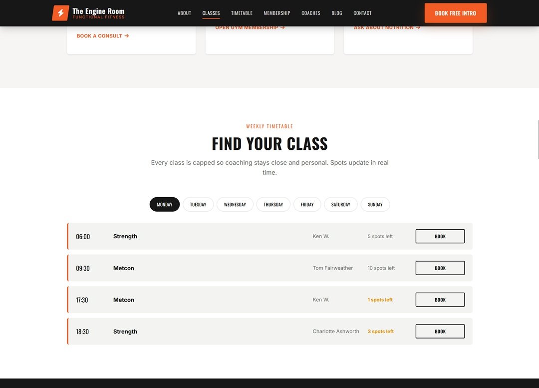 The Engine Room weekly class timetable showing day, time, class type, coach and live capacity