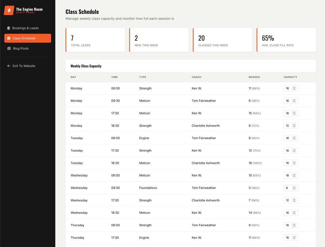The Engine Room dashboard Class Schedule tab with weekly capacity by day, time, type and coach