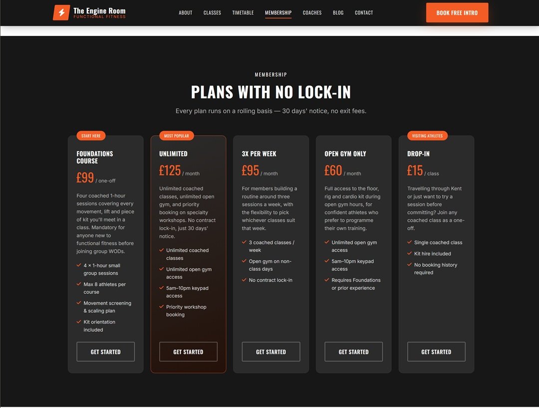 The Engine Room membership plans grid with Foundations, Unlimited, 3x Per Week, Open Gym Only and Drop-In tiers