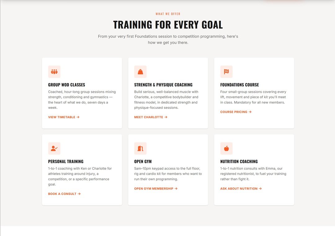 The Engine Room services section with Group WOD, Strength and Physique, Foundations, Personal Training and Nutrition cards