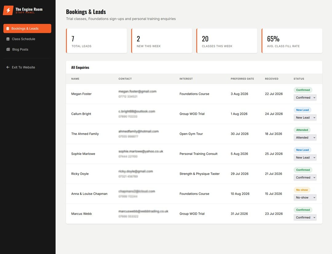 The Engine Room dashboard Bookings and Leads tab with enquiry table and lead stats