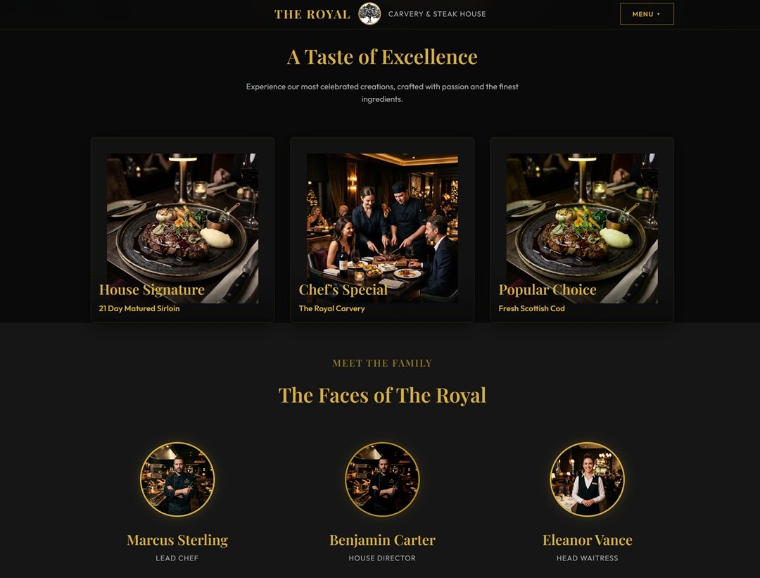 The Royal homepage — A Taste of Excellence dish showcase and The Faces of The Royal team section