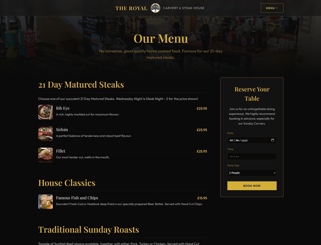 The Royal menu page with 21 Day Matured Steaks pricing and a live table reservation form